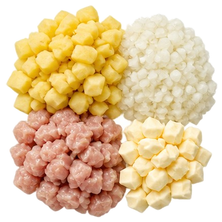 Нарезанная начинка: картофель, лук, фарш, сливочное масло